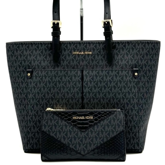 Michael Kors Jet Set Medium Pocket Tote Bag & Double Zip Wallet Black Multi - Picture 2 of 13
